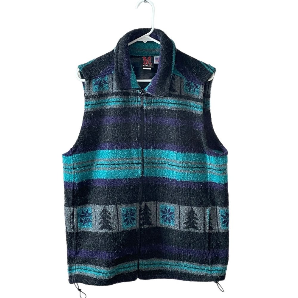 Mazmania Vintage Women’s Size Large Zip Up Vest Teal/Navy Pine Tree Snowflake